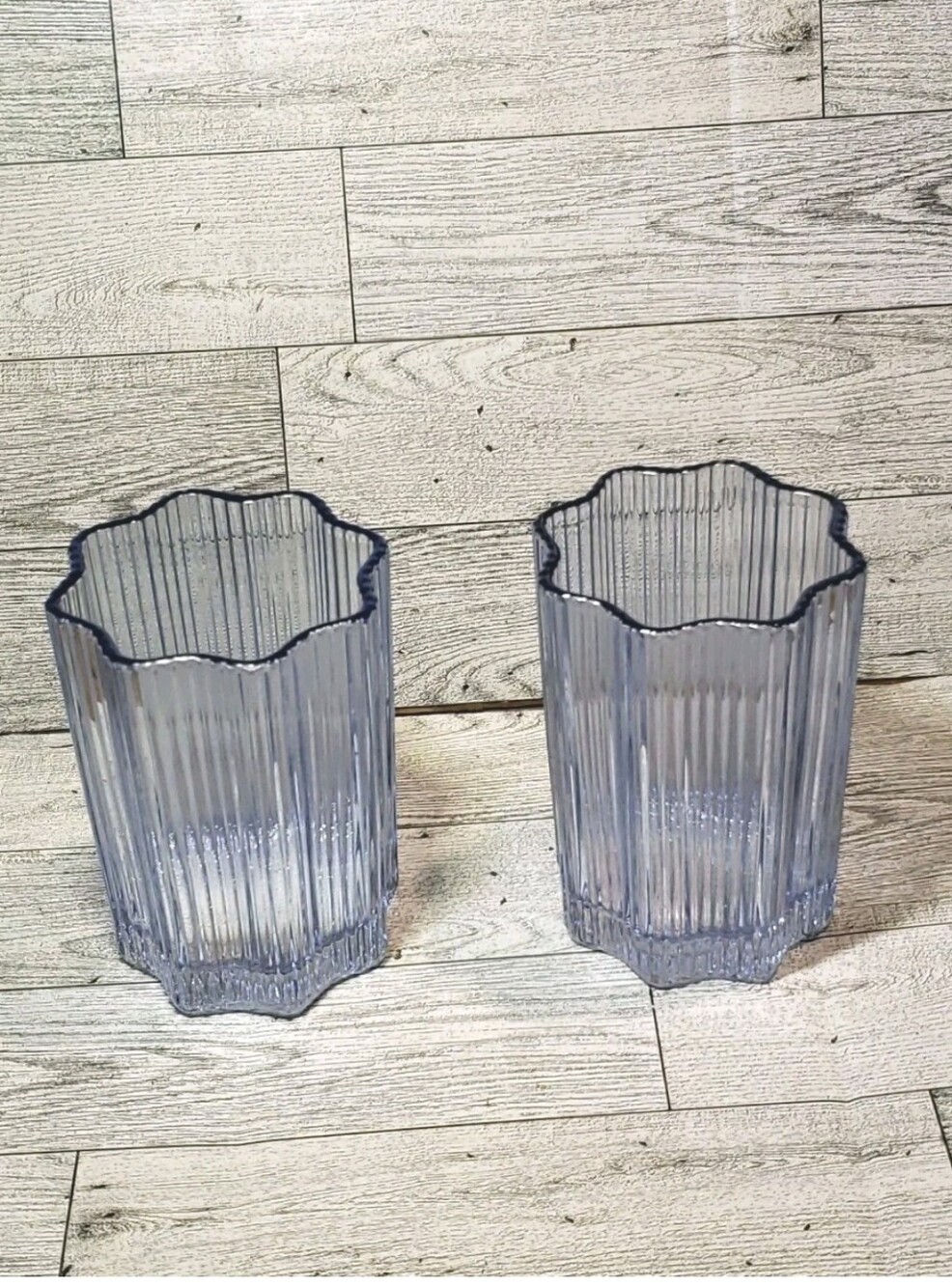 Glass Hause Blue Ribbed Flower Shaped Scallop Glasses Set Of 2 Limited Edition